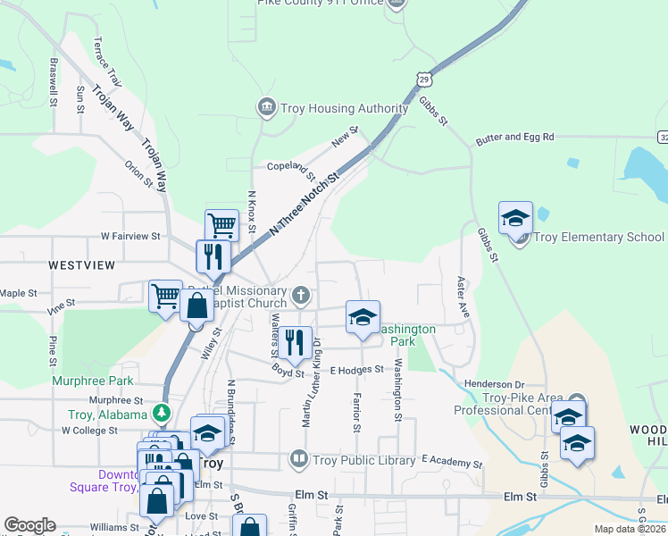 map of restaurants, bars, coffee shops, grocery stores, and more near 408 Warren Court in Troy
