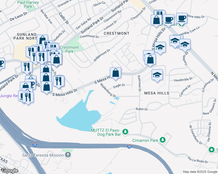 map of restaurants, bars, coffee shops, grocery stores, and more near 409417 Eagle Drive in El Paso