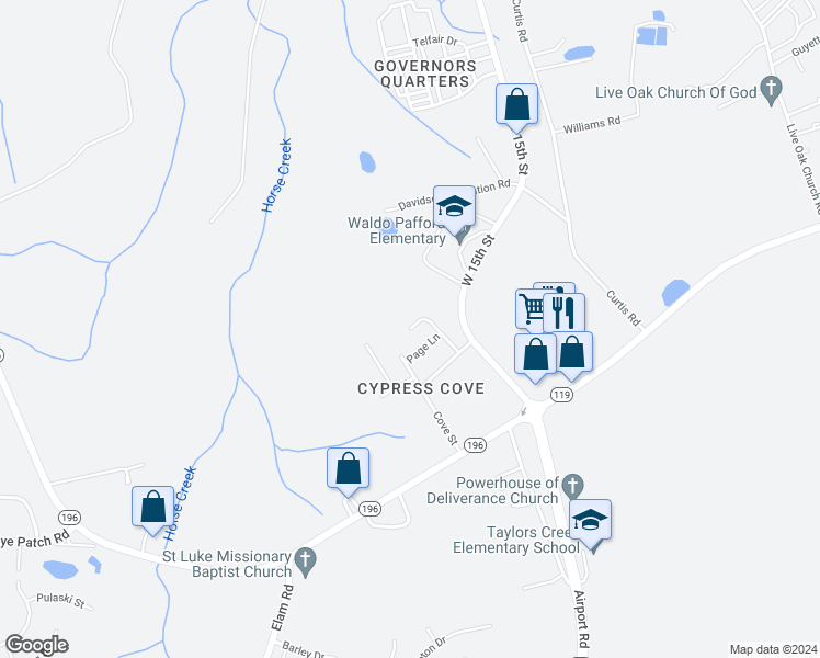 map of restaurants, bars, coffee shops, grocery stores, and more near 2582 Zachary Court in Hinesville
