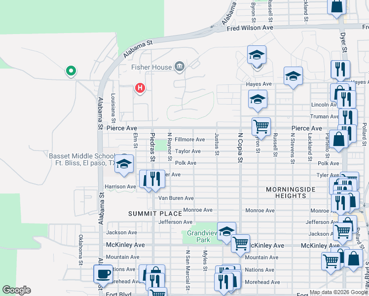 map of restaurants, bars, coffee shops, grocery stores, and more near 3044 Taylor Avenue in El Paso