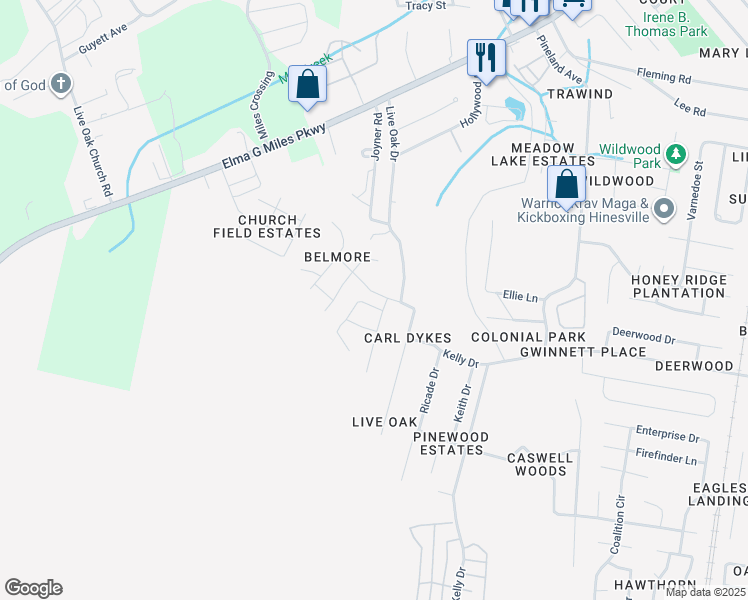 map of restaurants, bars, coffee shops, grocery stores, and more near 912 Granger Drive in Hinesville