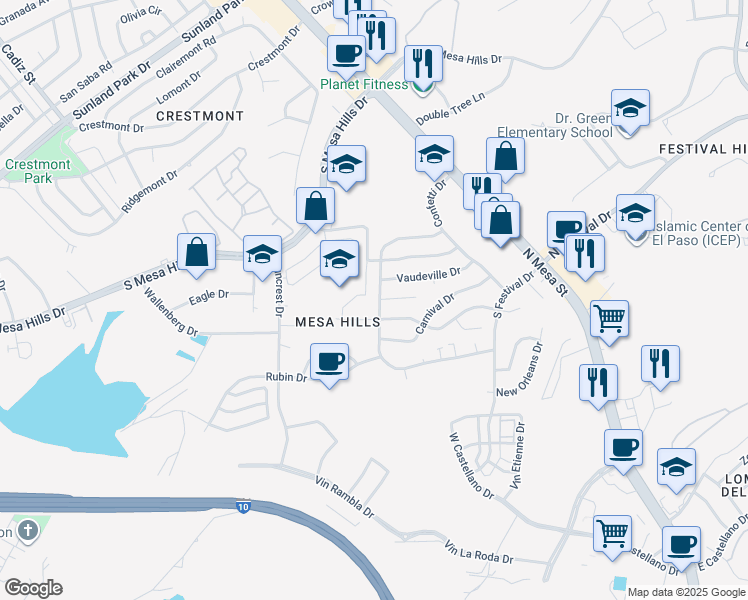 map of restaurants, bars, coffee shops, grocery stores, and more near 332 Pageant Court in El Paso