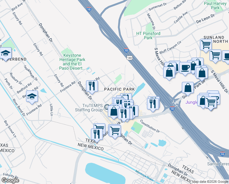 map of restaurants, bars, coffee shops, grocery stores, and more near 158 Elvira Way in El Paso