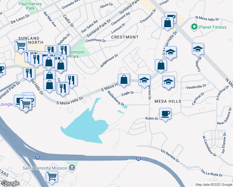 map of restaurants, bars, coffee shops, grocery stores, and more near 409417 Eagle Drive in El Paso