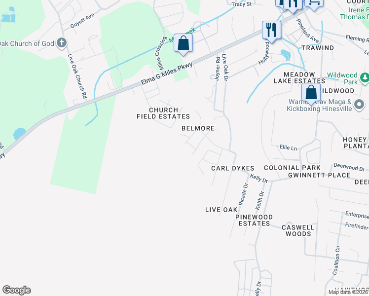 map of restaurants, bars, coffee shops, grocery stores, and more near 1113 Cornett Court in Hinesville
