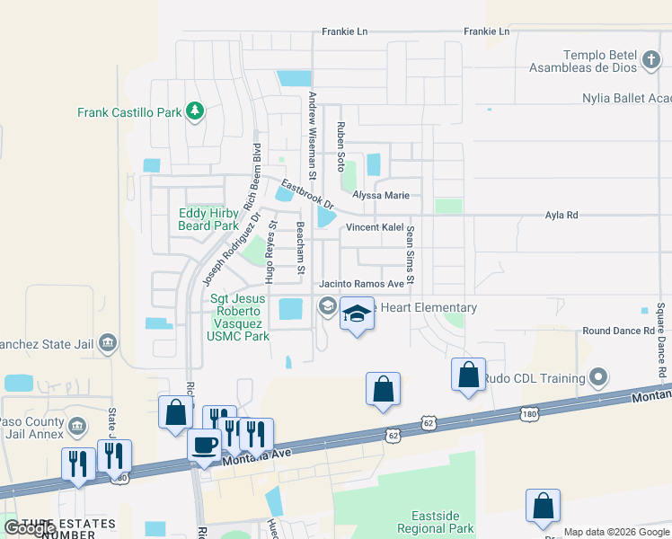 map of restaurants, bars, coffee shops, grocery stores, and more near 14401 Jacinto Ramos Avenue in El Paso