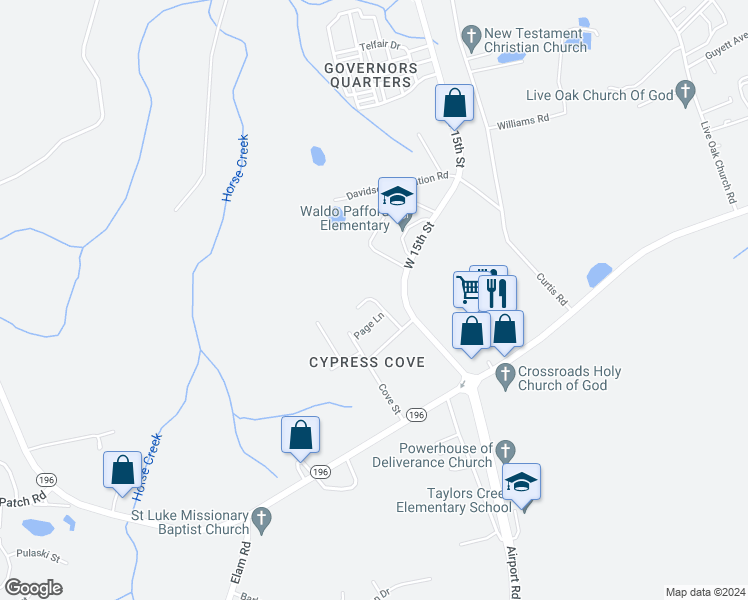 map of restaurants, bars, coffee shops, grocery stores, and more near 2571 Zachary Court in Hinesville