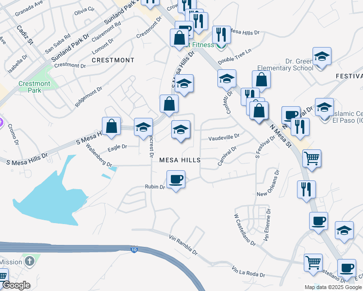 map of restaurants, bars, coffee shops, grocery stores, and more near 405 Wallenberg Drive in El Paso