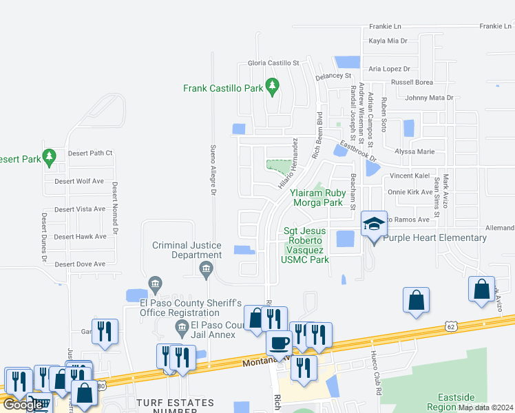 map of restaurants, bars, coffee shops, grocery stores, and more near 12737 Rodolfo Anchondo Court in El Paso