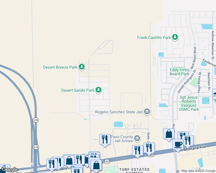 map of restaurants, bars, coffee shops, grocery stores, and more near 3929 Desert Nomad Drive in El Paso