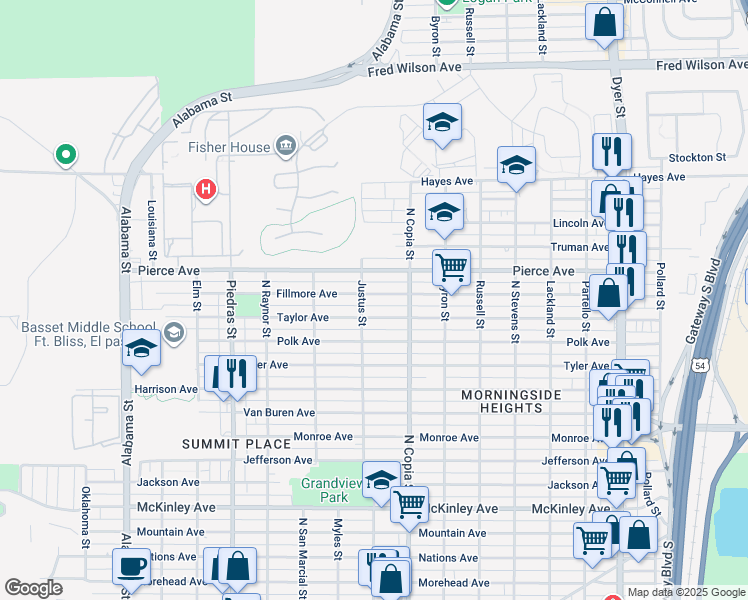 map of restaurants, bars, coffee shops, grocery stores, and more near 3317 Taylor Avenue in El Paso