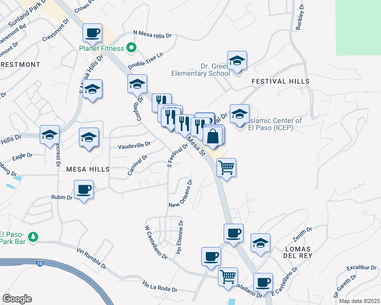 map of restaurants, bars, coffee shops, grocery stores, and more near 136 Mardi Gras Drive in El Paso