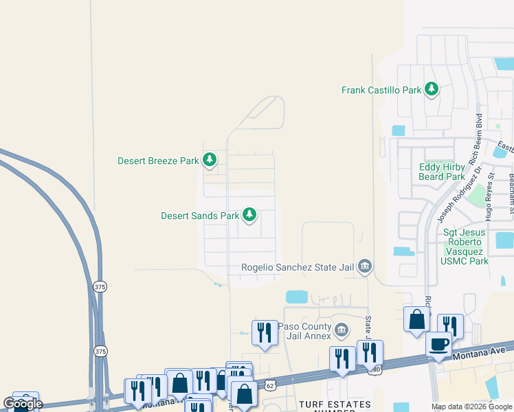 map of restaurants, bars, coffee shops, grocery stores, and more near 12349 desert vista ave in El Paso