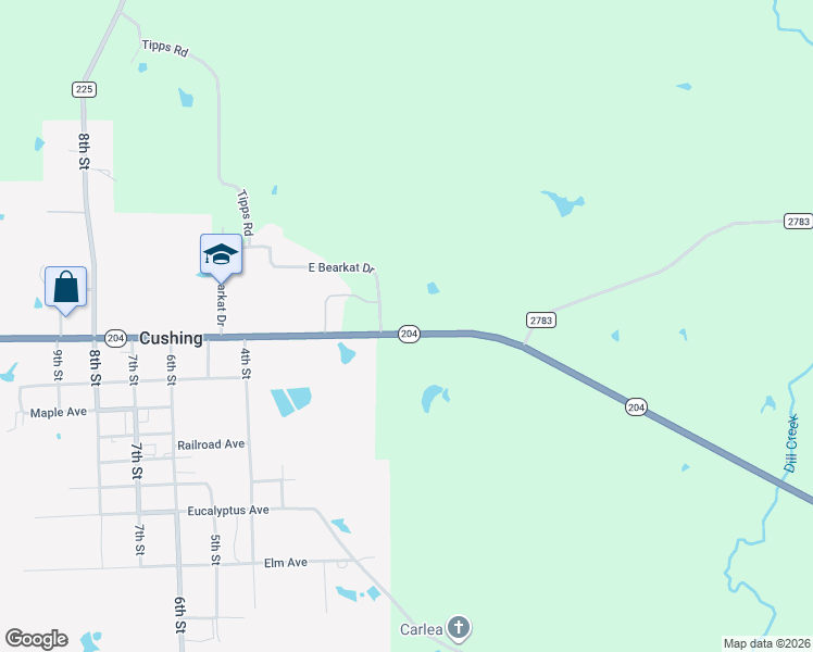 map of restaurants, bars, coffee shops, grocery stores, and more near 10332 Texas 204 in Cushing