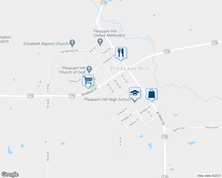 map of restaurants, bars, coffee shops, grocery stores, and more near Pearl St in Pleasant Hill