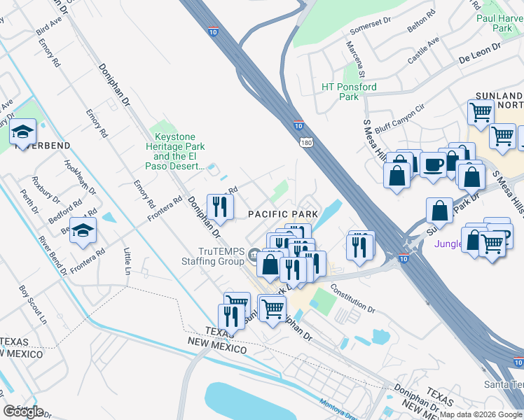 map of restaurants, bars, coffee shops, grocery stores, and more near 3921 Panama Way in El Paso