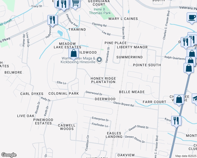 map of restaurants, bars, coffee shops, grocery stores, and more near Honey Ridge Lane in Hinesville