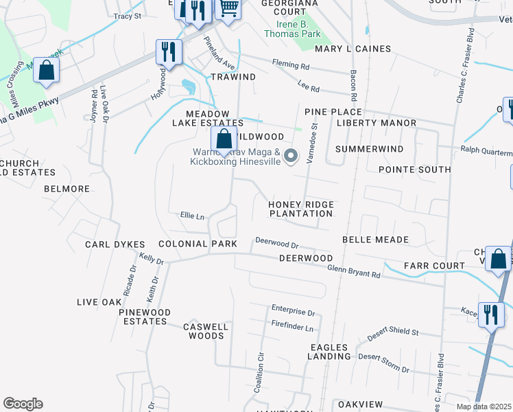 map of restaurants, bars, coffee shops, grocery stores, and more near 707 Westridge Court in Hinesville