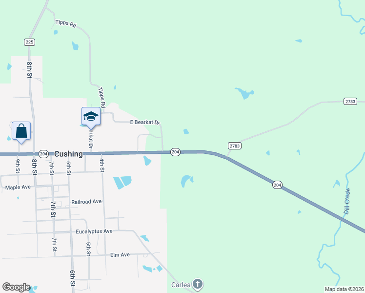 map of restaurants, bars, coffee shops, grocery stores, and more near 10332 Texas 204 in Cushing