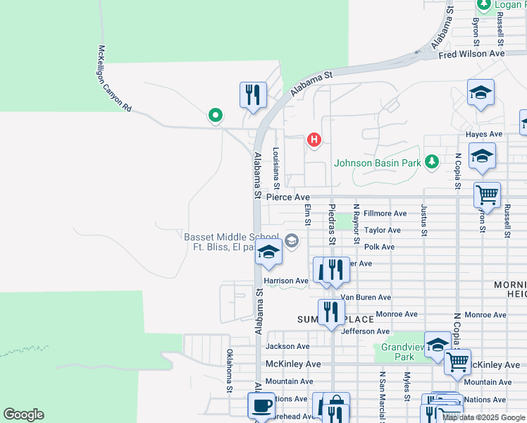 map of restaurants, bars, coffee shops, grocery stores, and more near 4600 Alabama Street in El Paso
