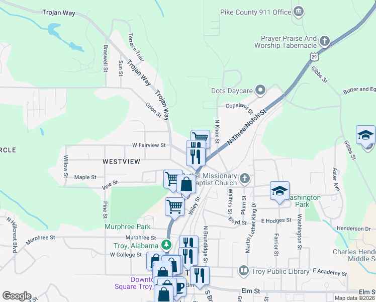 map of restaurants, bars, coffee shops, grocery stores, and more near 113 West Fairview Street in Troy