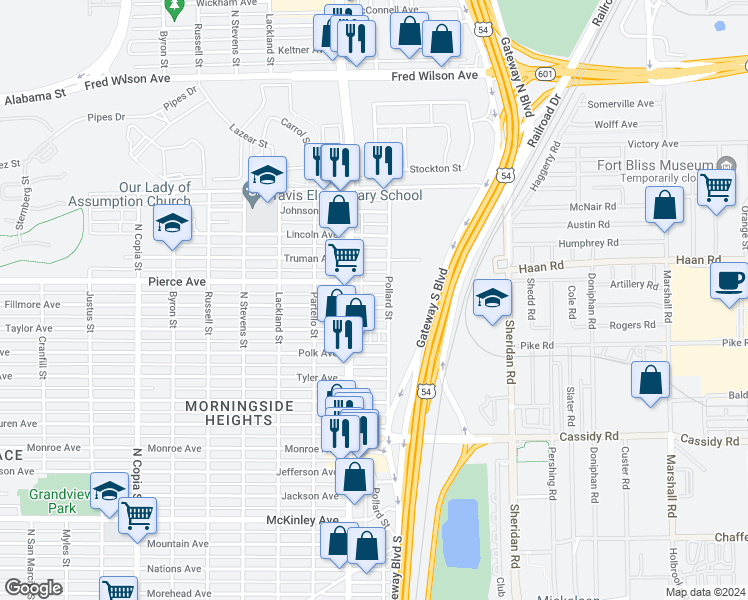 map of restaurants, bars, coffee shops, grocery stores, and more near 4024 Pierce Avenue in El Paso