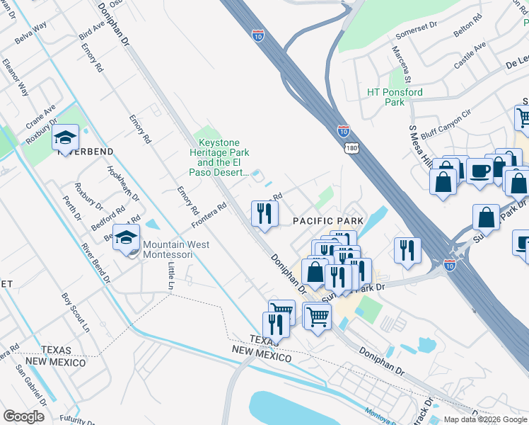map of restaurants, bars, coffee shops, grocery stores, and more near 4096 Doniphan Drive in El Paso