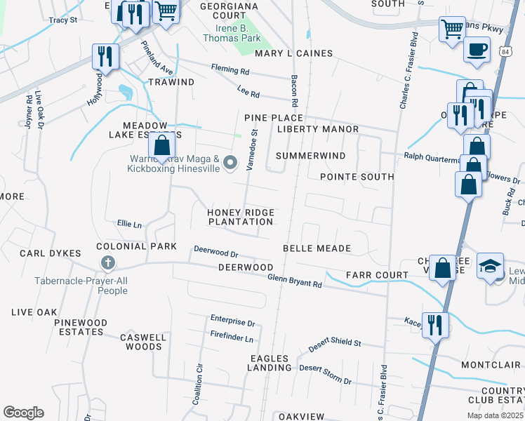 map of restaurants, bars, coffee shops, grocery stores, and more near 619 Honey Creek Lane in Hinesville