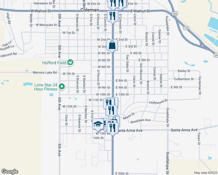 map of restaurants, bars, coffee shops, grocery stores, and more near 1512 South Commercial Avenue in Coleman