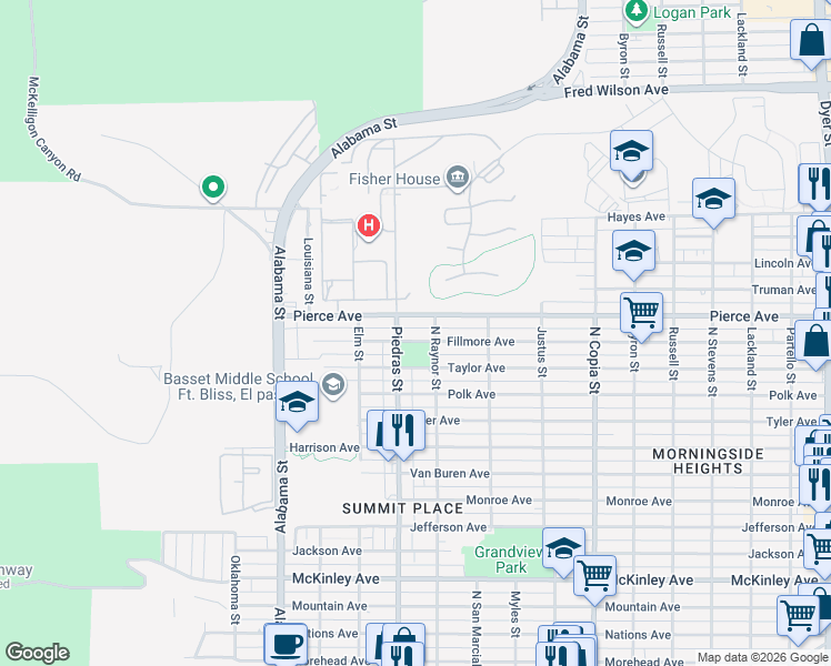 map of restaurants, bars, coffee shops, grocery stores, and more near 2908 Pierce Avenue in El Paso