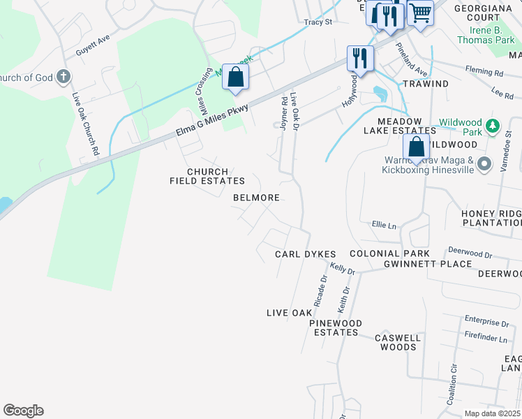 map of restaurants, bars, coffee shops, grocery stores, and more near 1103 Cornett Court in Hinesville