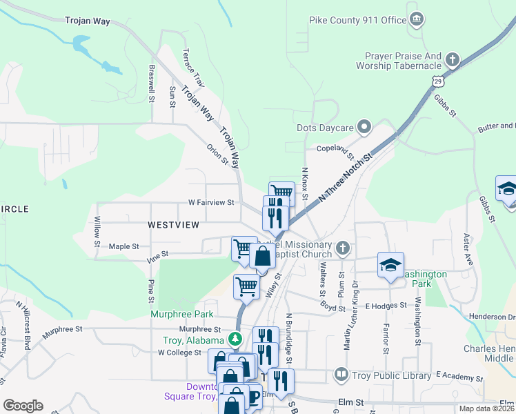 map of restaurants, bars, coffee shops, grocery stores, and more near 113-199 West Fairview Avenue in Troy