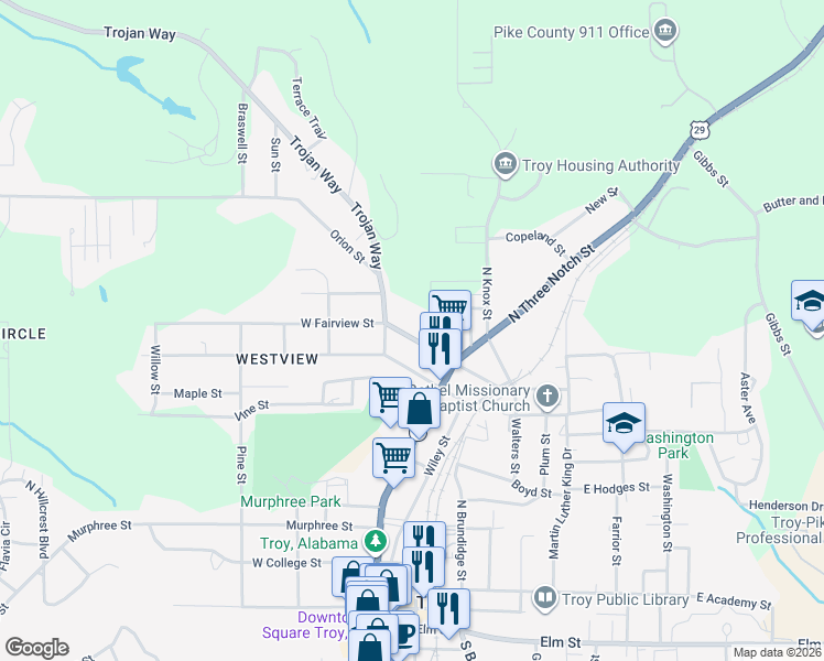 map of restaurants, bars, coffee shops, grocery stores, and more near 113-199 West Fairview Avenue in Troy