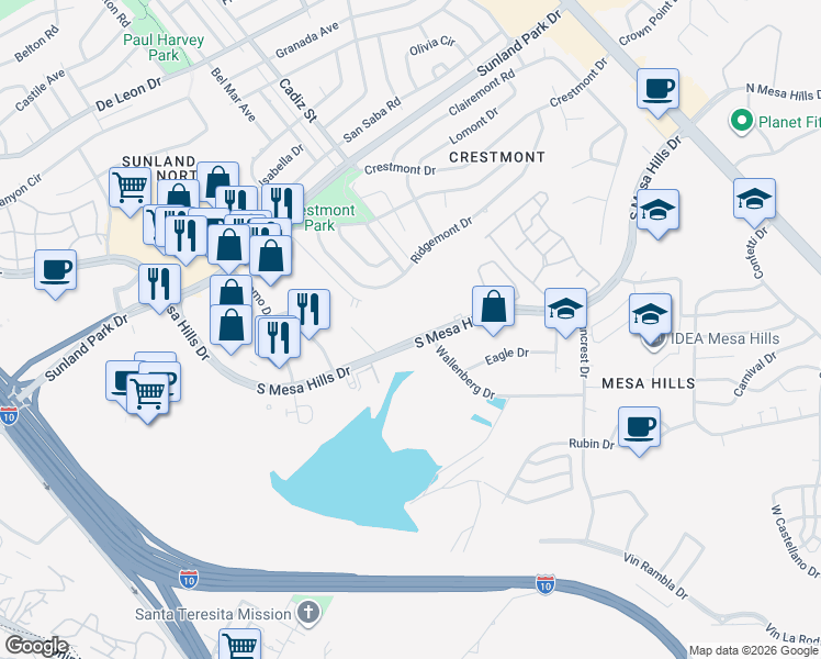 map of restaurants, bars, coffee shops, grocery stores, and more near 601 South Mesa Hills Drive in El Paso