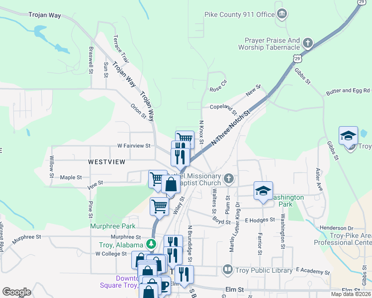 map of restaurants, bars, coffee shops, grocery stores, and more near 114 Harold Street in Troy