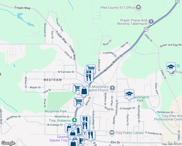 map of restaurants, bars, coffee shops, grocery stores, and more near 114 Harold Street in Troy