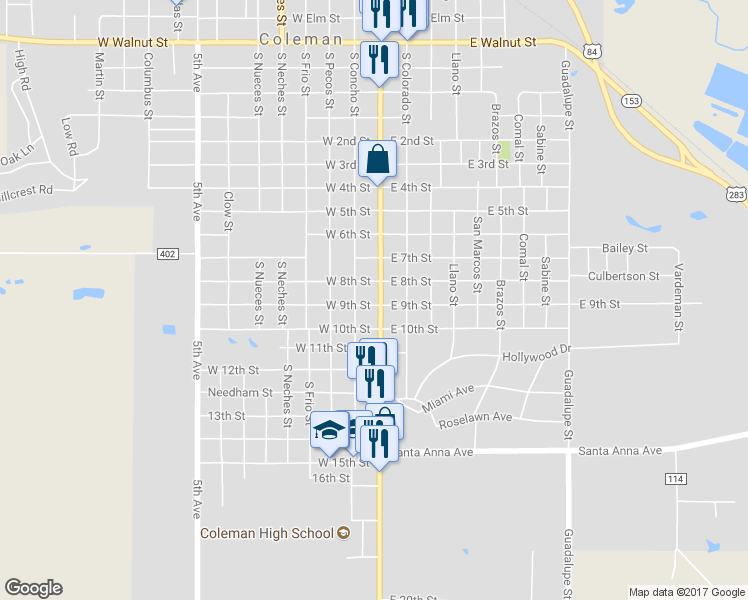 map of restaurants, bars, coffee shops, grocery stores, and more near 1512 South Commercial Avenue in Coleman