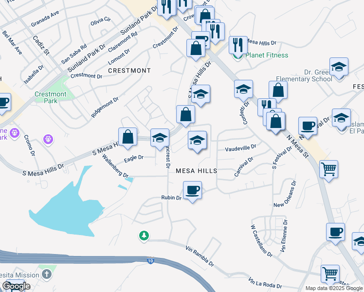 map of restaurants, bars, coffee shops, grocery stores, and more near 5450 Suncrest Drive in El Paso