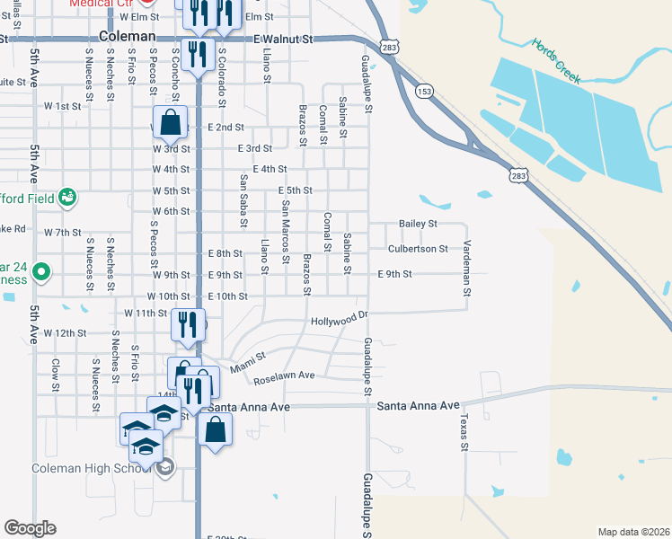 map of restaurants, bars, coffee shops, grocery stores, and more near 615 East 9th Street in Coleman