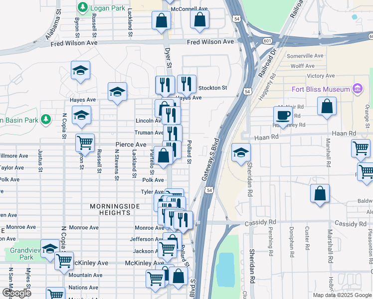 map of restaurants, bars, coffee shops, grocery stores, and more near 4024 Pierce Avenue in El Paso