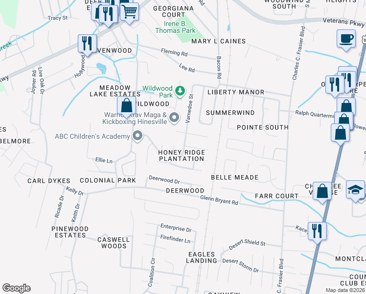 map of restaurants, bars, coffee shops, grocery stores, and more near 1036 Varnedoe Street in Hinesville