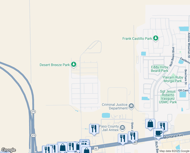 map of restaurants, bars, coffee shops, grocery stores, and more near 12361 Desert Pine Avenue in El Paso