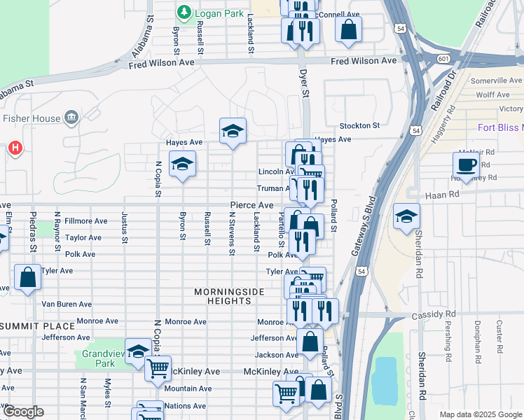 map of restaurants, bars, coffee shops, grocery stores, and more near 3800 Pierce Avenue in El Paso