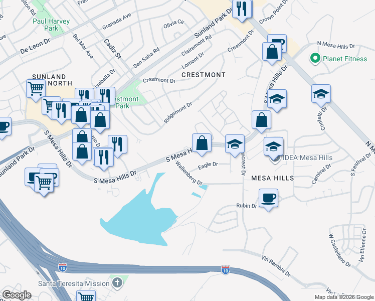 map of restaurants, bars, coffee shops, grocery stores, and more near 535 South Mesa Hills Drive in El Paso
