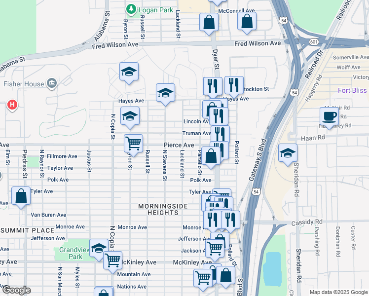 map of restaurants, bars, coffee shops, grocery stores, and more near 3800 Pierce Avenue in El Paso