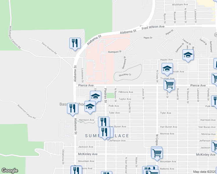 map of restaurants, bars, coffee shops, grocery stores, and more near 2908 Pierce Avenue in El Paso
