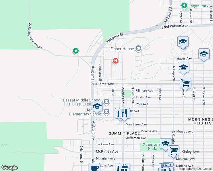 map of restaurants, bars, coffee shops, grocery stores, and more near 2710 Pierce Ave in El Paso