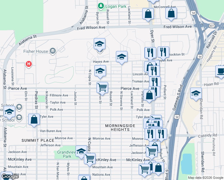 map of restaurants, bars, coffee shops, grocery stores, and more near 3600 Pierce Avenue in El Paso
