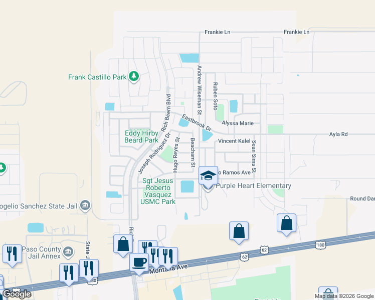 map of restaurants, bars, coffee shops, grocery stores, and more near 13025 Martin Forman Court in El Paso