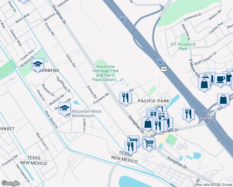 map of restaurants, bars, coffee shops, grocery stores, and more near 4096 Doniphan Drive in El Paso